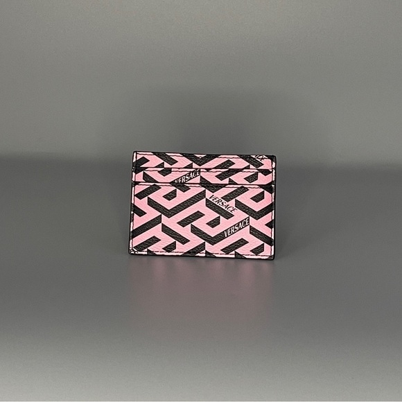 Versace La Greca Card Holder Pink Black Logo Wallet Unisex Leather Authentic New - Picture 3 of 3